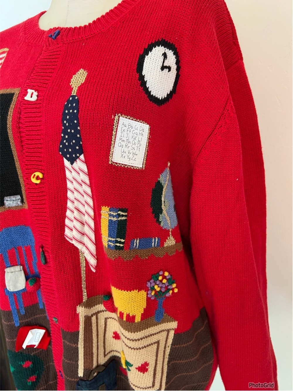 Vintage Susan Bristol Hand Embroidered Novelty Teacher Red Cardigan XL - Picture 5 of 11